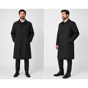 Botany 500 Mens Black Trench Coat Zip Out Faux Fur Lining Made in USA 44 Long